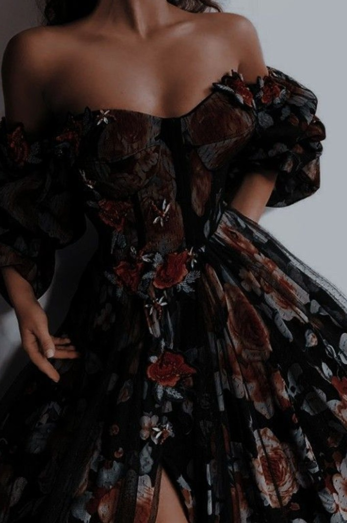 Black floral off-shoulder gown