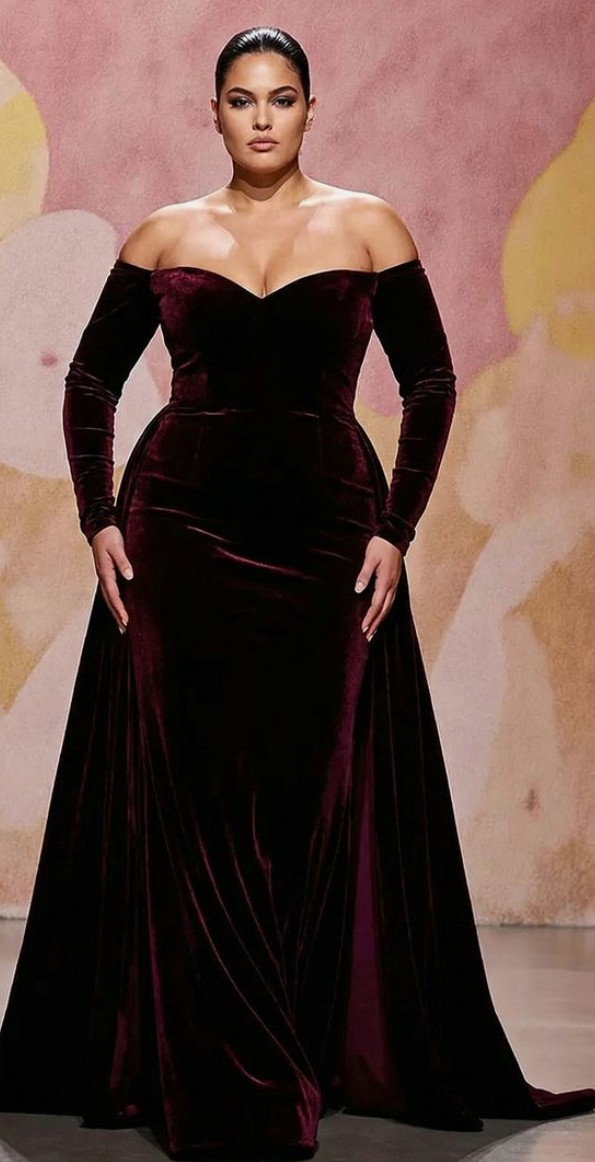 Burgundy velvet off-shoulder gown