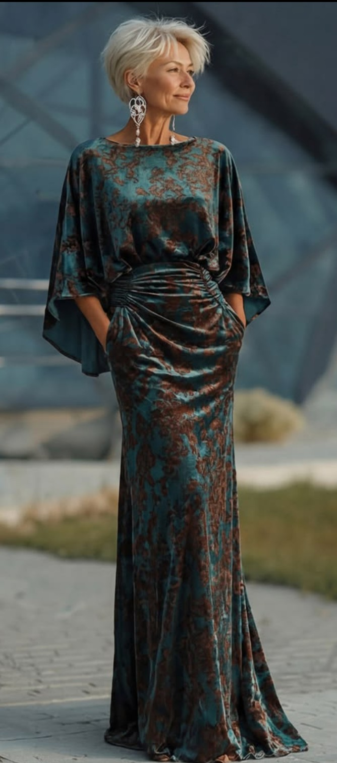 Teal and brown satin gown