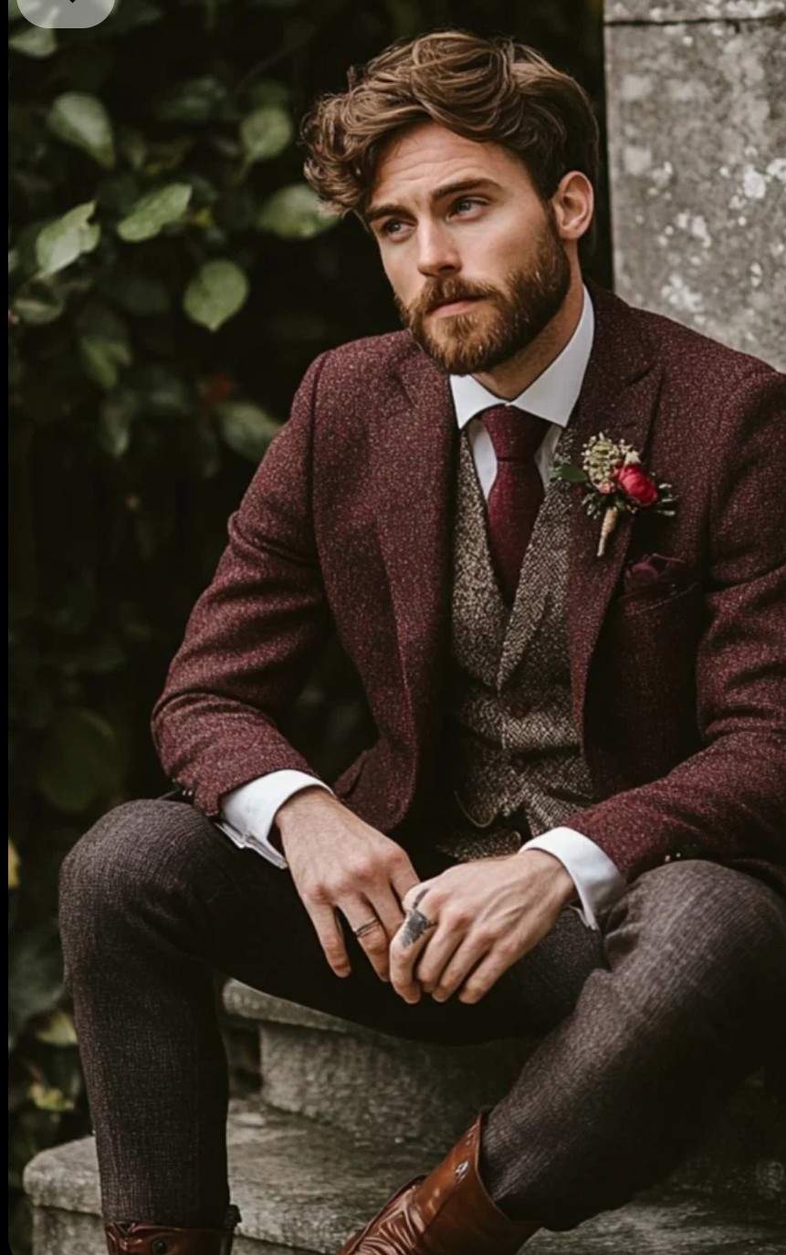 Burgundy suit and vest menswear