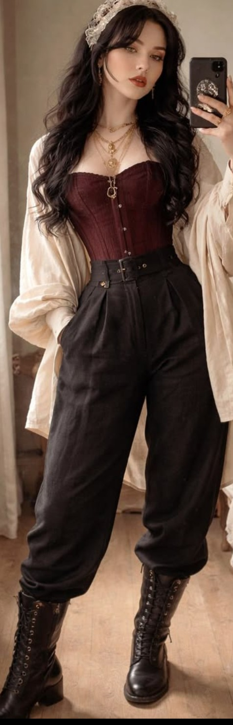 Burgundy corset with black trousers