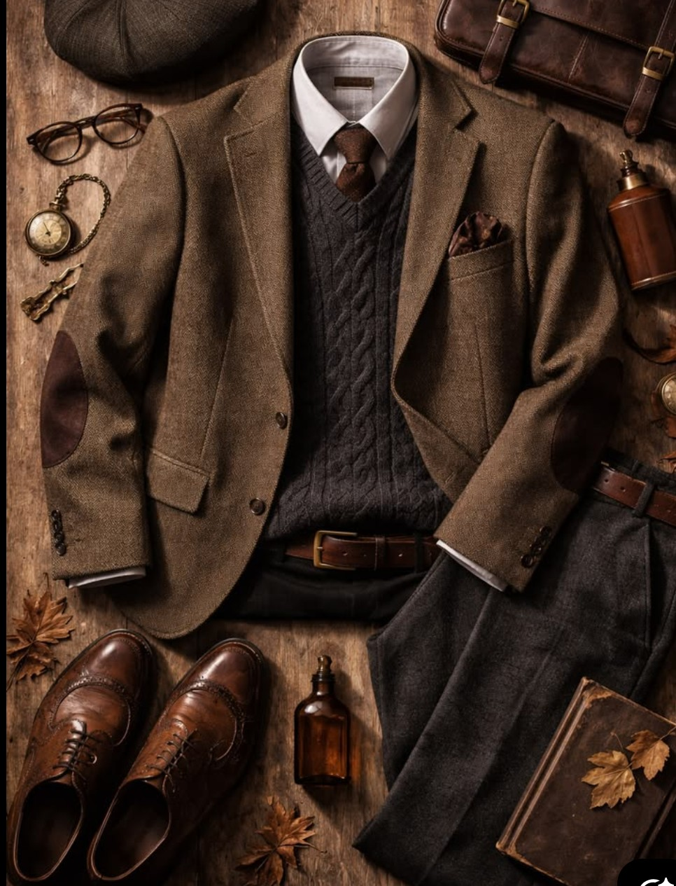 Brown tweed suit with sweater vest and leather accessories