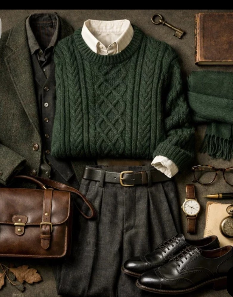 Forest green sweater over dark formalwear