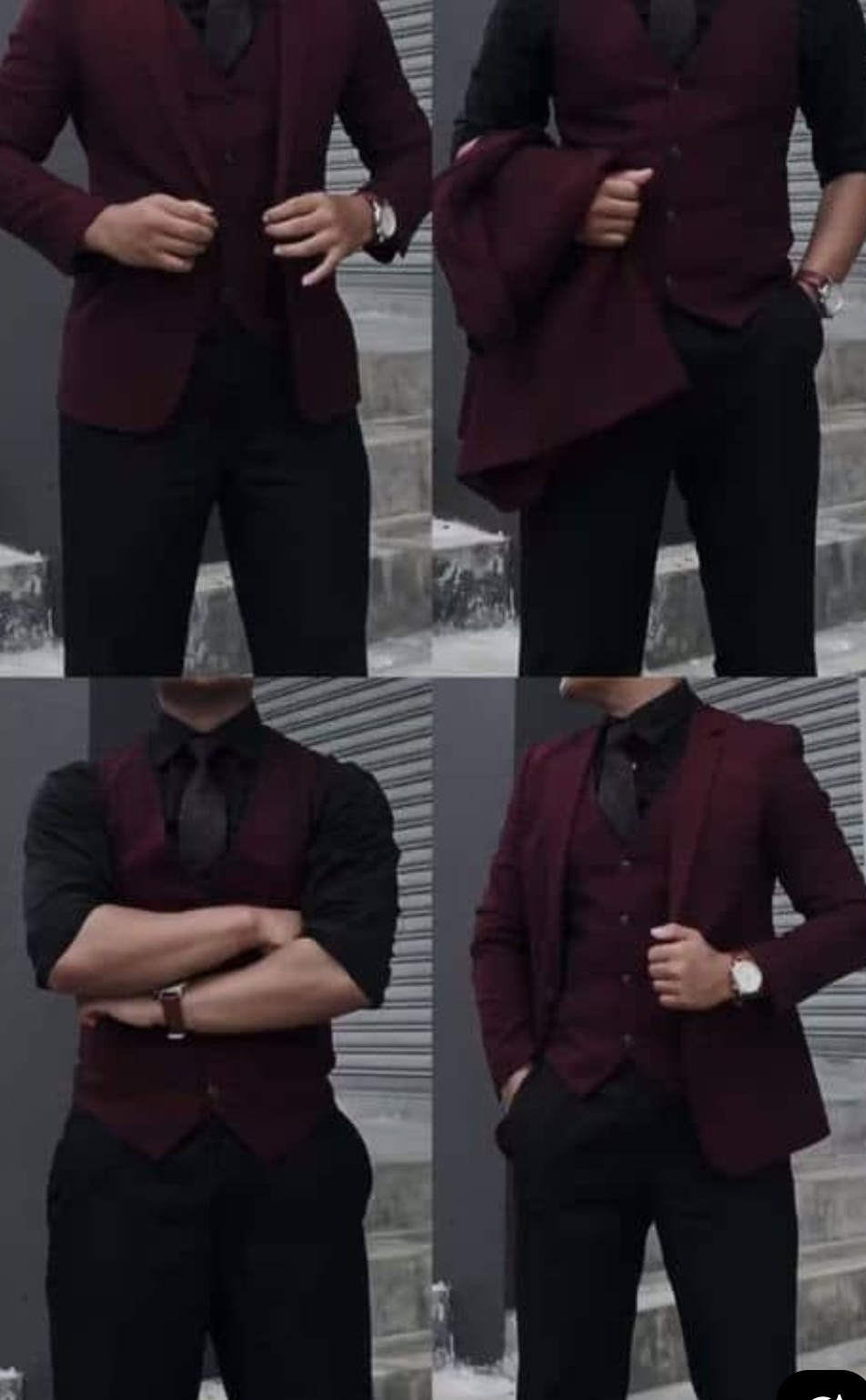 Burgundy suit and vest with black trousers