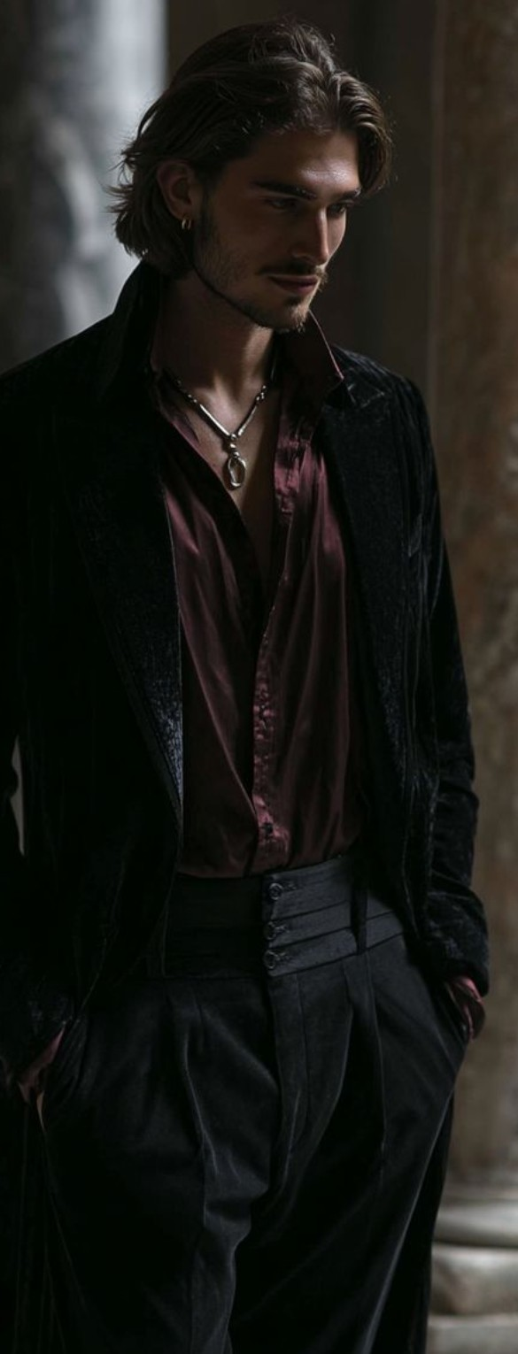 Dark romantic burgundy shirt with black jacket and trousers